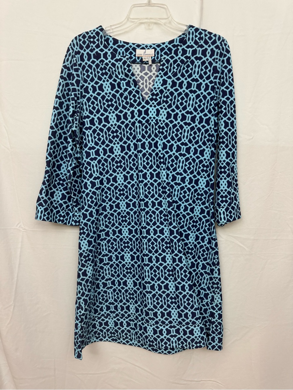 Jude Connally Navy Blue Geometric Shift Dress 3/4 Sleeve Size L Made in USA